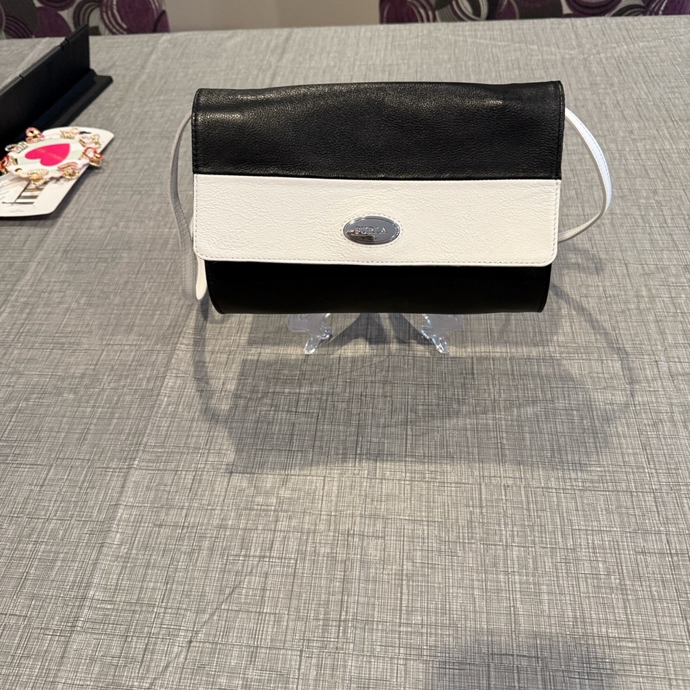 Furla Leather Black and White Clutch with removable crossbody/shoulder strap